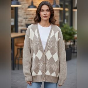 Georgios Oversized Diamond Knit Button Front Grandpa Cardigan Sweater Sz Small